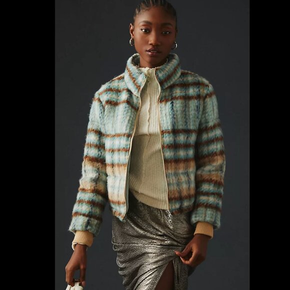 Anthropologie Jackets & Blazers - NWT Anthropologie Brushed Plaid Puffer Jacket in Blue and Brown Sz S
